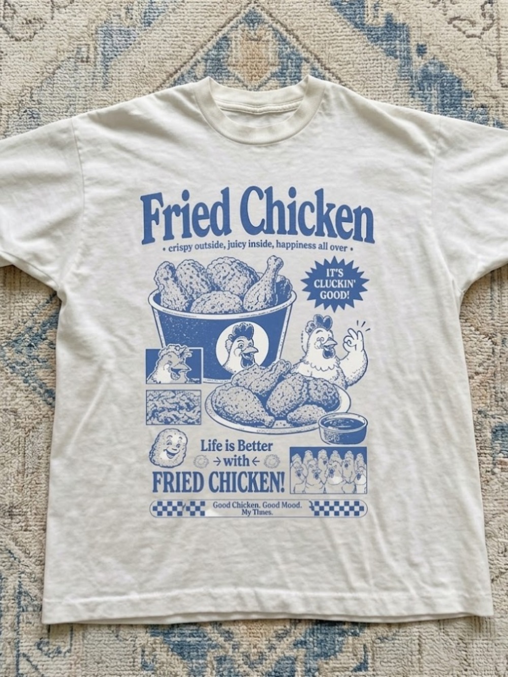 Fried Chicken Graphic Tee - White with Blue Print